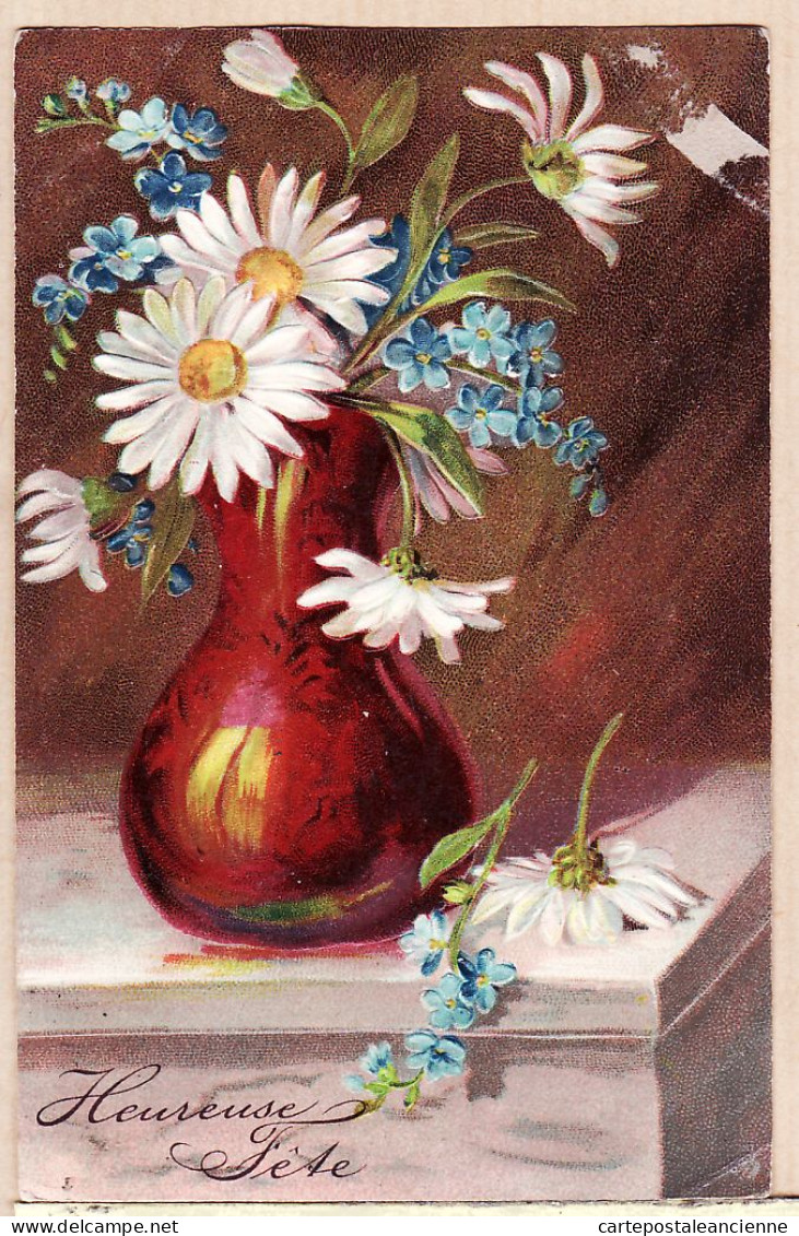 38716  / ⭐ Embossed HEUREUSE FÊTE 1909 Vase Marguerite Bleuets à PY PECH Saint Amans Valtoret- P.F.B Série 5447 - Autres & Non Classés