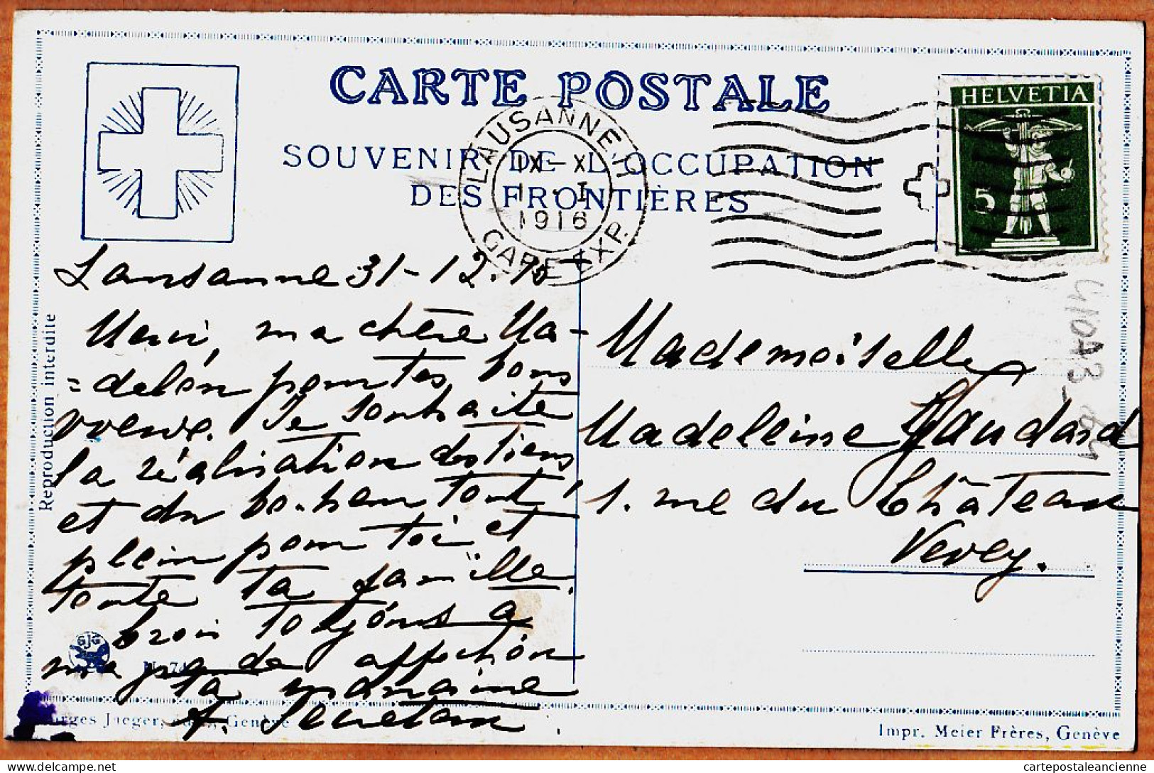 38765  / ⭐ ♥️ Tampon  LAUSANNE 01 Janvier 1916  BONNE ANNEE Militaire Suisse  à GAUDARD Rue Château Vevey -JAEGER MEIER - New Year