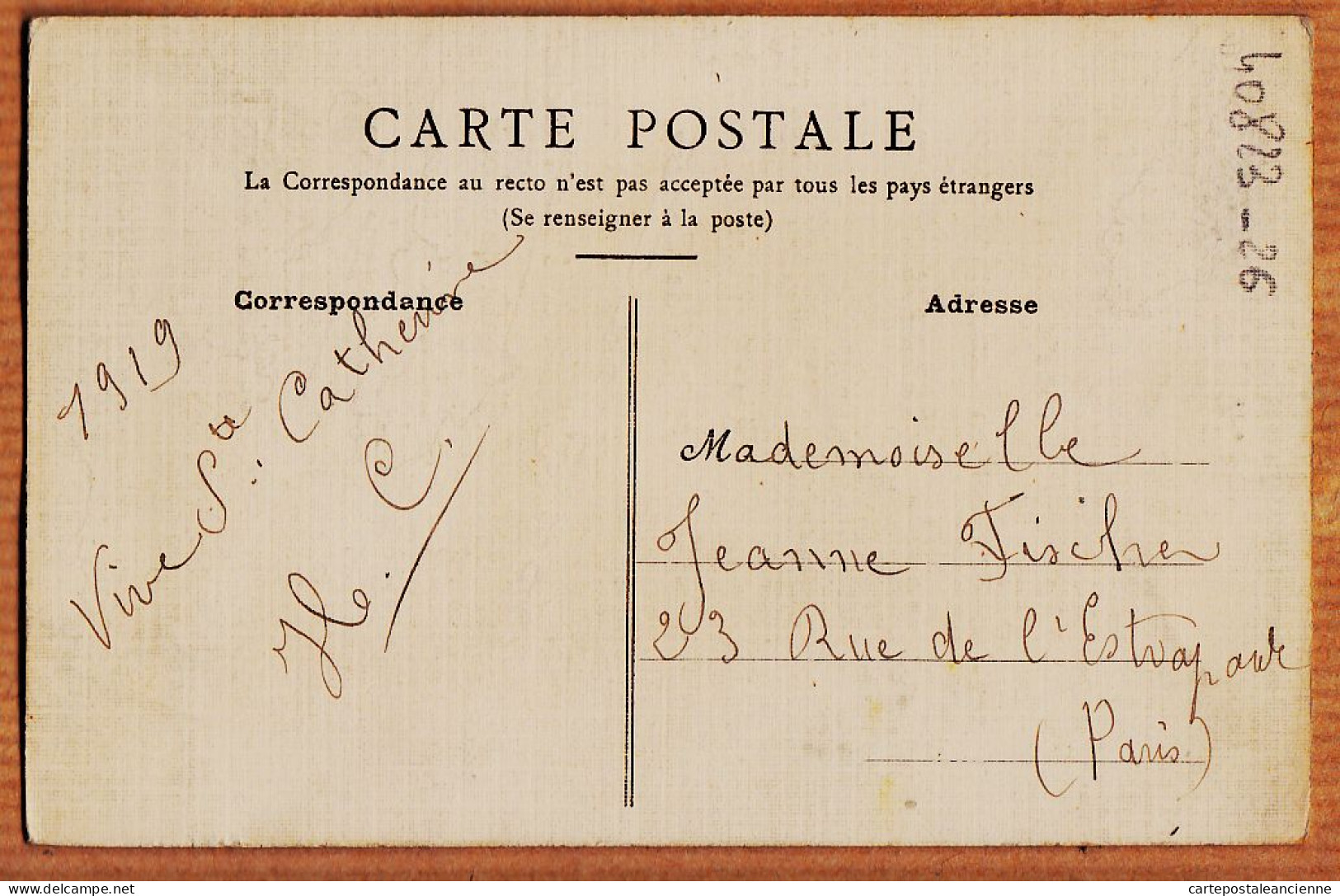 38849  / ⭐ Prière O SAINTE-CATHERINE Ste 1919 à Jeanne FISCHEN Rue De L'Estragarde Paris -Carte Toilée  - Sainte-Catherine