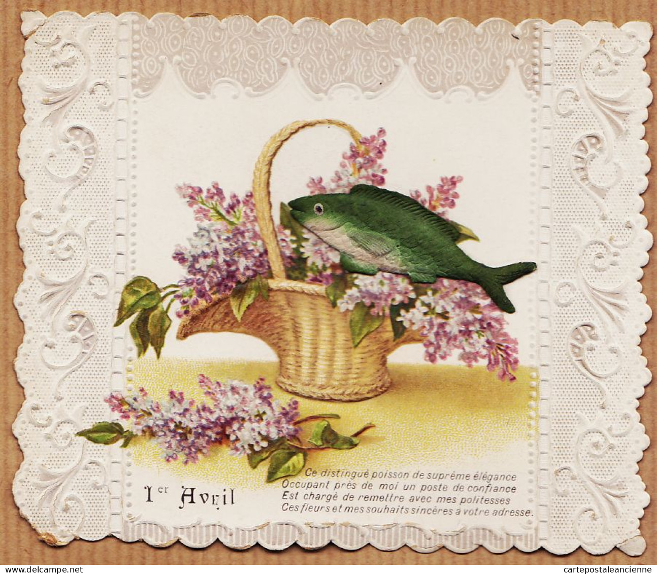 38801  / ⭐ Tres Bel Embossage Dentelle Premier 1er AVRIL Ajouti Poisson Suprême élégance 1910s  Dim 12x10cm - 1er Avril - Poisson D'avril