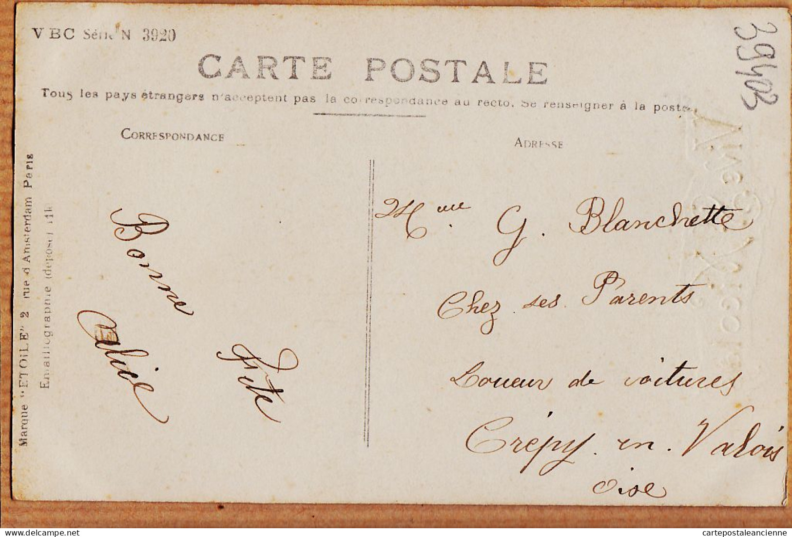 38850  / ⭐ Emaillographie VIVE SAINT-NICOLAS St 1912 à BLANCHETTE Loueur Voiture Crépy-en-Valois-ETOILE V.B.C Série 392 - Nikolaus