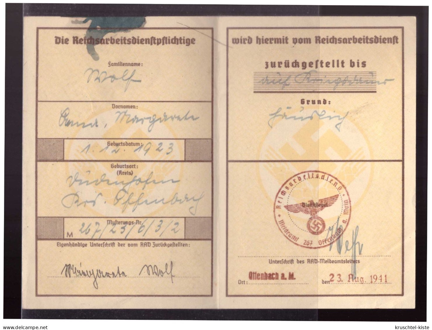 DT- Reich (024188) Propaganda Zurückstellungsschein Reichsarbeitsdienst WJ. Ausgestellt Offenbach A Main 23.8.1941 - Documents Historiques