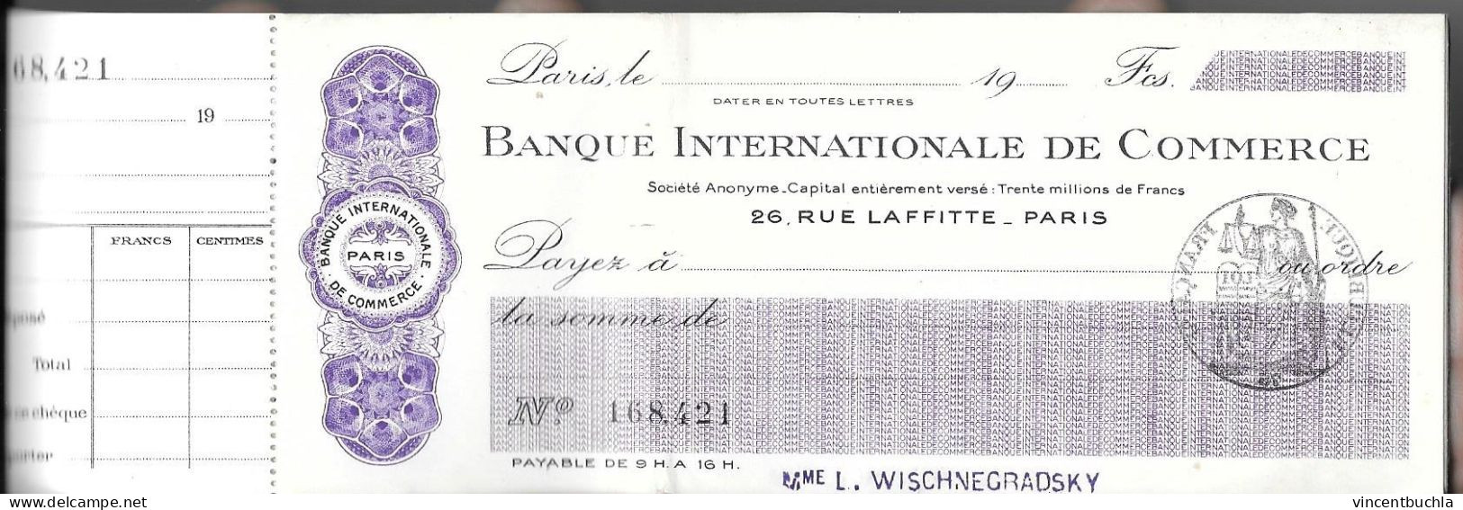 Ancien Carnet Chèques Banque Internationale De Commerce 26 Rue Laffitte Paris 5 Chèques Restant L. Wischnegradsky - Cheques & Traveler's Cheques