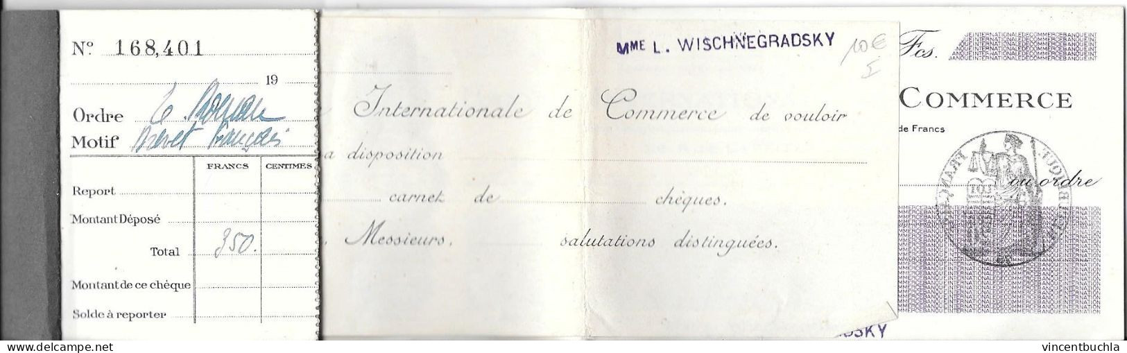 Ancien Carnet Chèques Banque Internationale De Commerce 26 Rue Laffitte Paris 5 Chèques Restant L. Wischnegradsky - Cheques & Traverler's Cheques