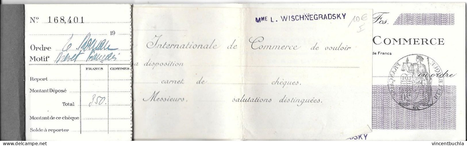 Ancien Carnet Chèques Banque Internationale De Commerce 26 Rue Laffitte Paris 5 Chèques Restant L. Wischnegradsky - Chèques & Chèques De Voyage