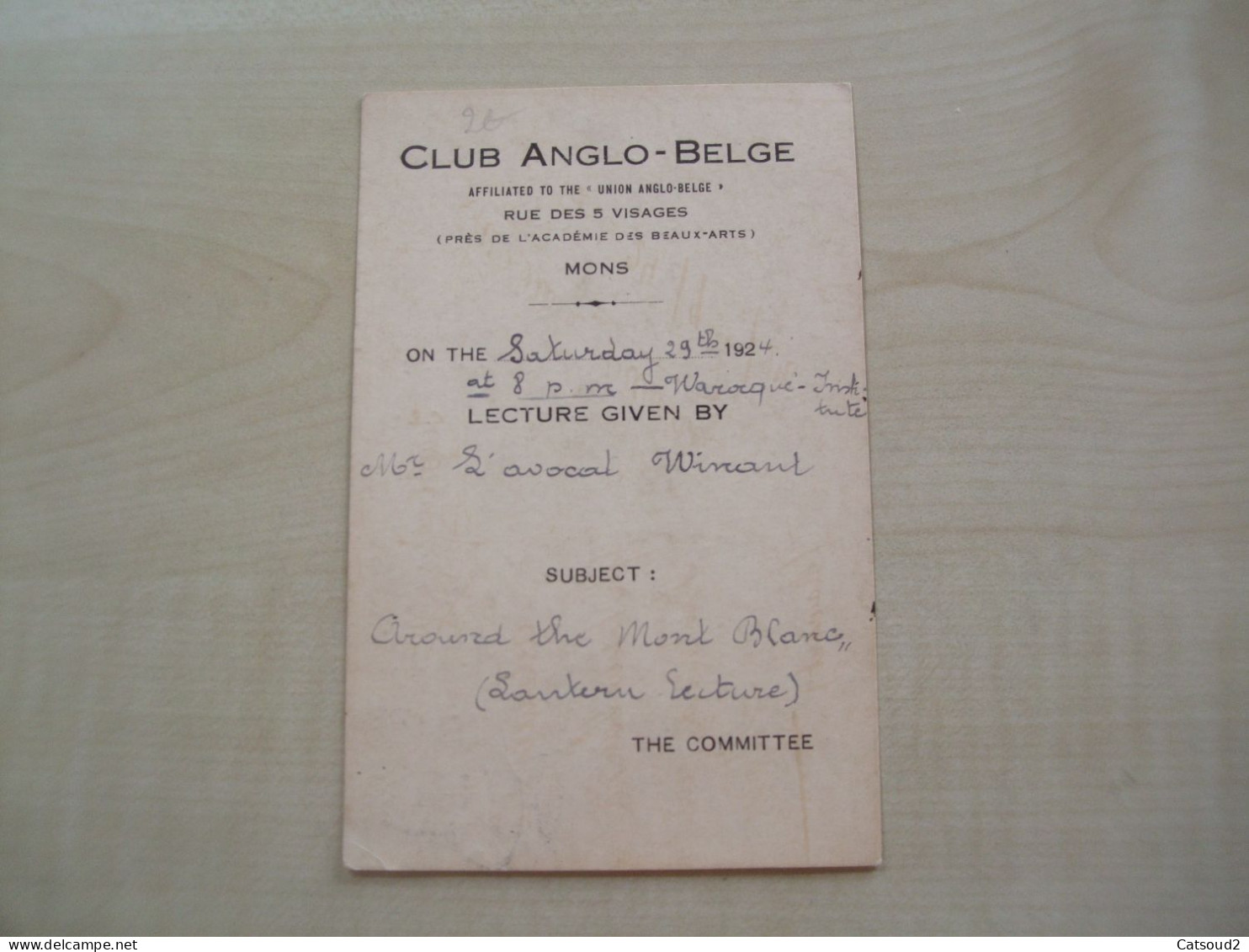 Ancienne Convocation Réunion 1924 CLUB ANGLO-BELGE à MONS - Membership Cards