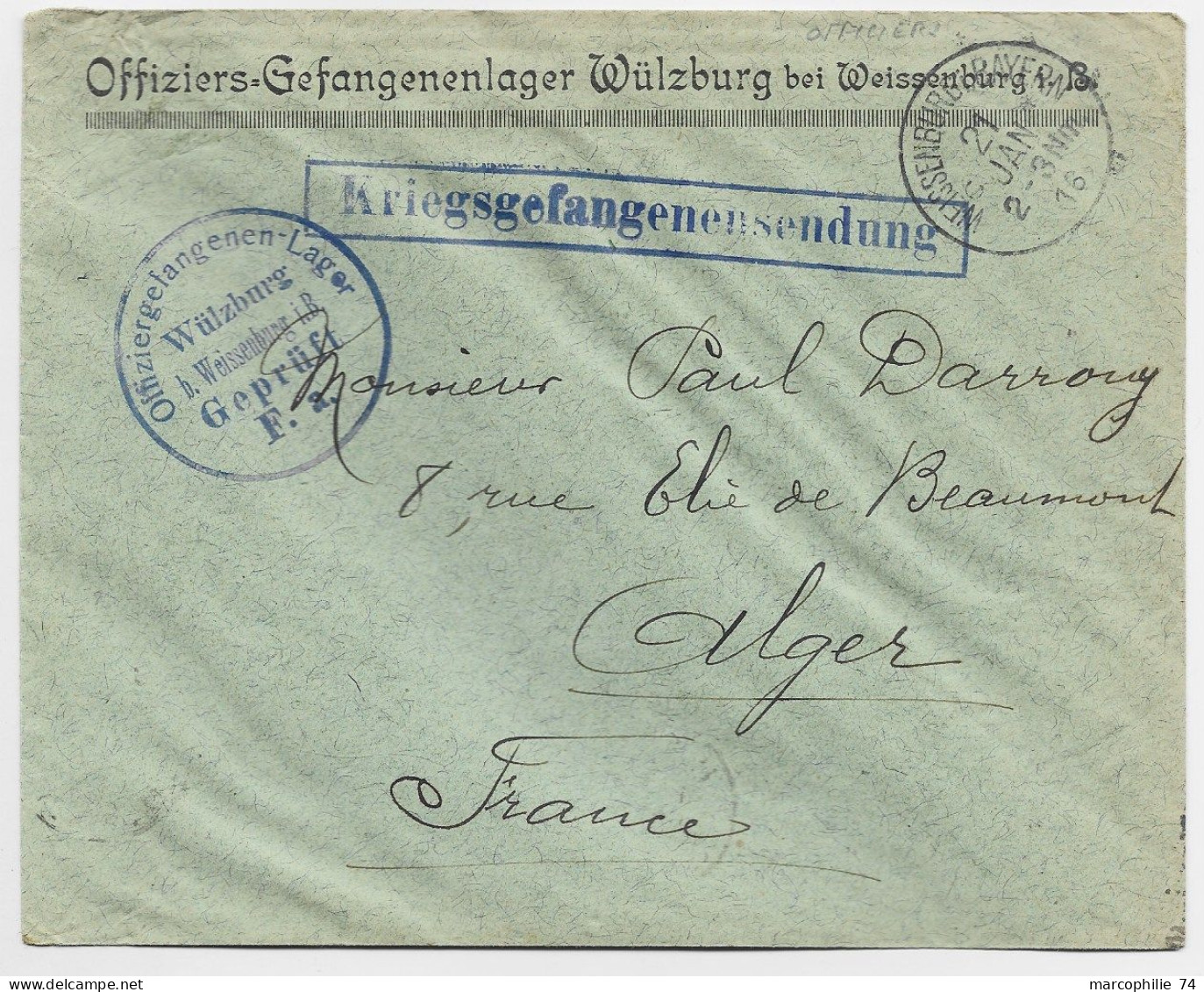 GERMANY LETTRE ENTETE BRIEF OFFIZIERS GEFANGENANLAGER WULZBURG 1916 GEPRUFT  TO ALGERIE - Briefe U. Dokumente