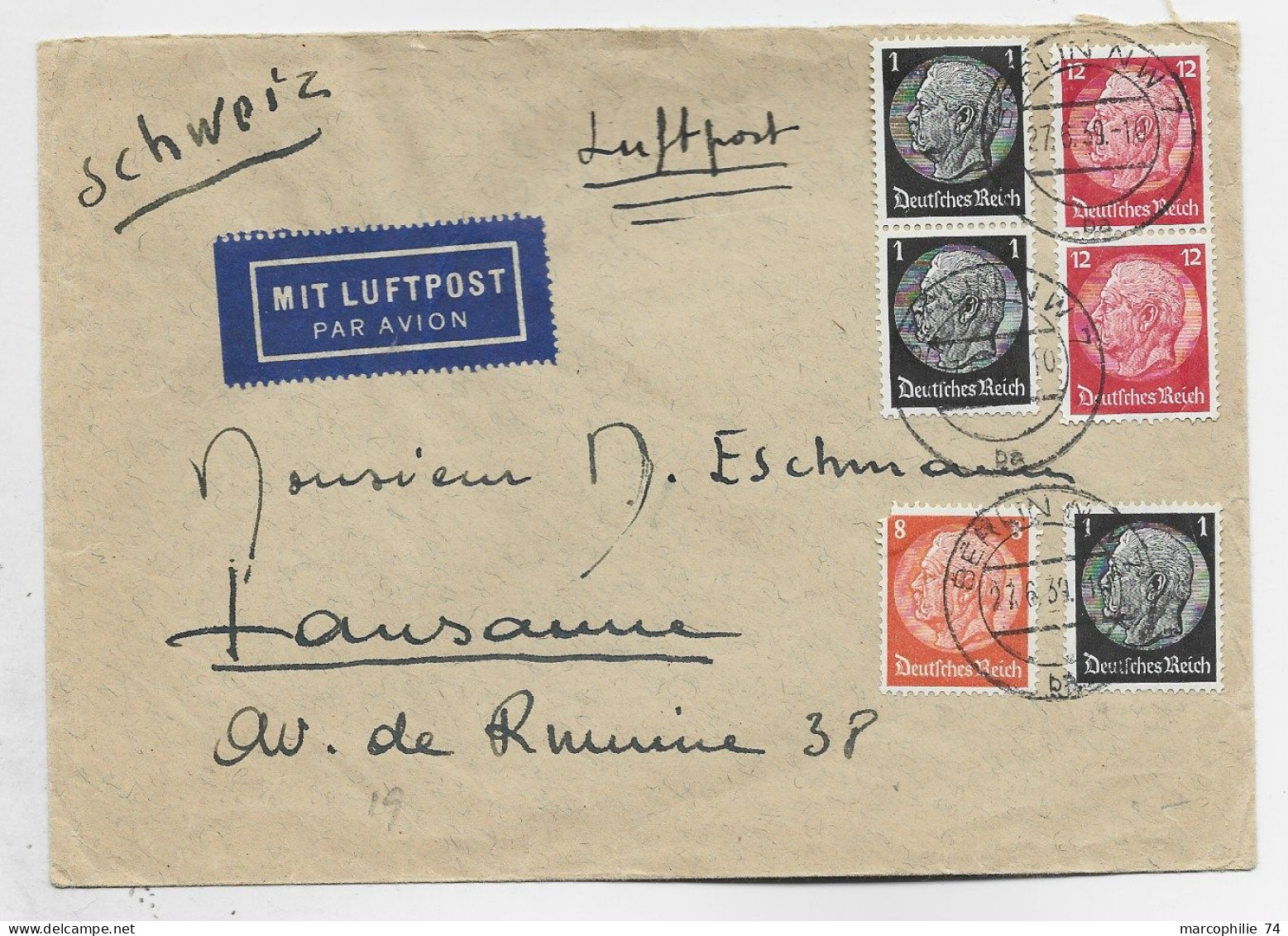 GERMANY REICH 12CX2+1CX3+8C DEFAUT LETTRE COVER BRIEF AVION  LUFTPOST BERLIN 27.6.1939 TO LAUSANNE SUISSE - Covers & Documents