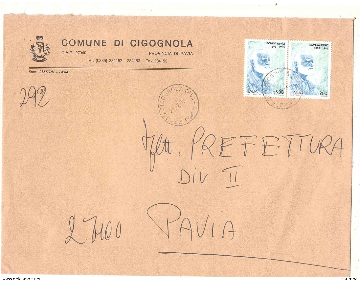 1998 2 X L.900 LEONIDA REPACI BUSTA COMUNE DI CIGOGNOLA PAVIA - 1991-00: Poststempel