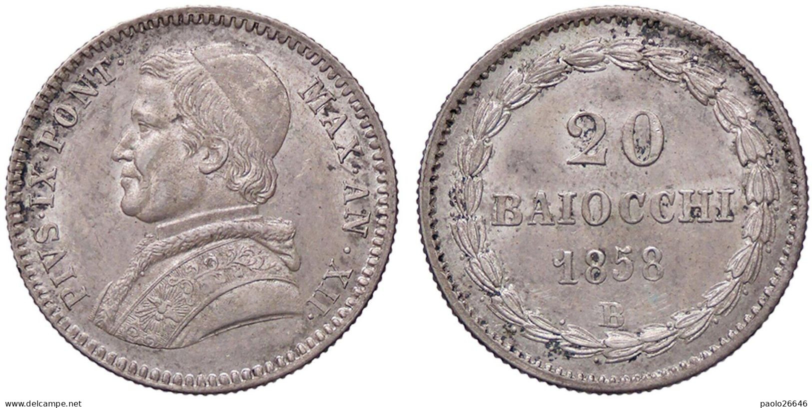 Pio IX 20 Baiocchi Del 1858 Zecca Di Bologna, Argento, QFDC - Vaticaanstad