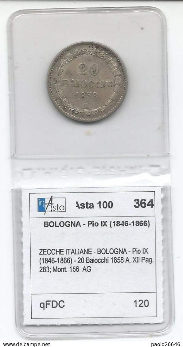 Pio IX 20 Baiocchi Del 1858 Zecca Di Bologna, Argento, QFDC - Vatican