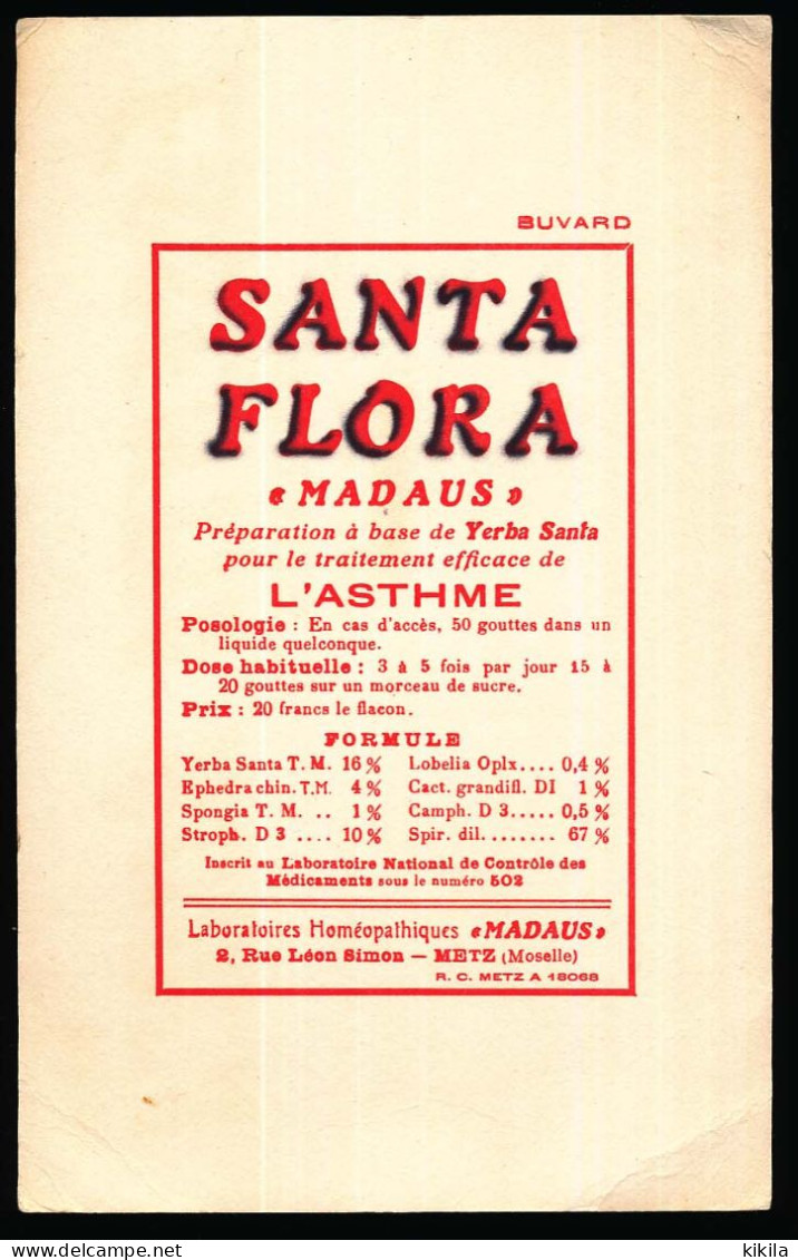 Buvard 13,6 X 21,6 Laboratoires Homéopathiques MADAUS Metz Moselle Santa Flora Traitement De L'asthme - Produits Pharmaceutiques