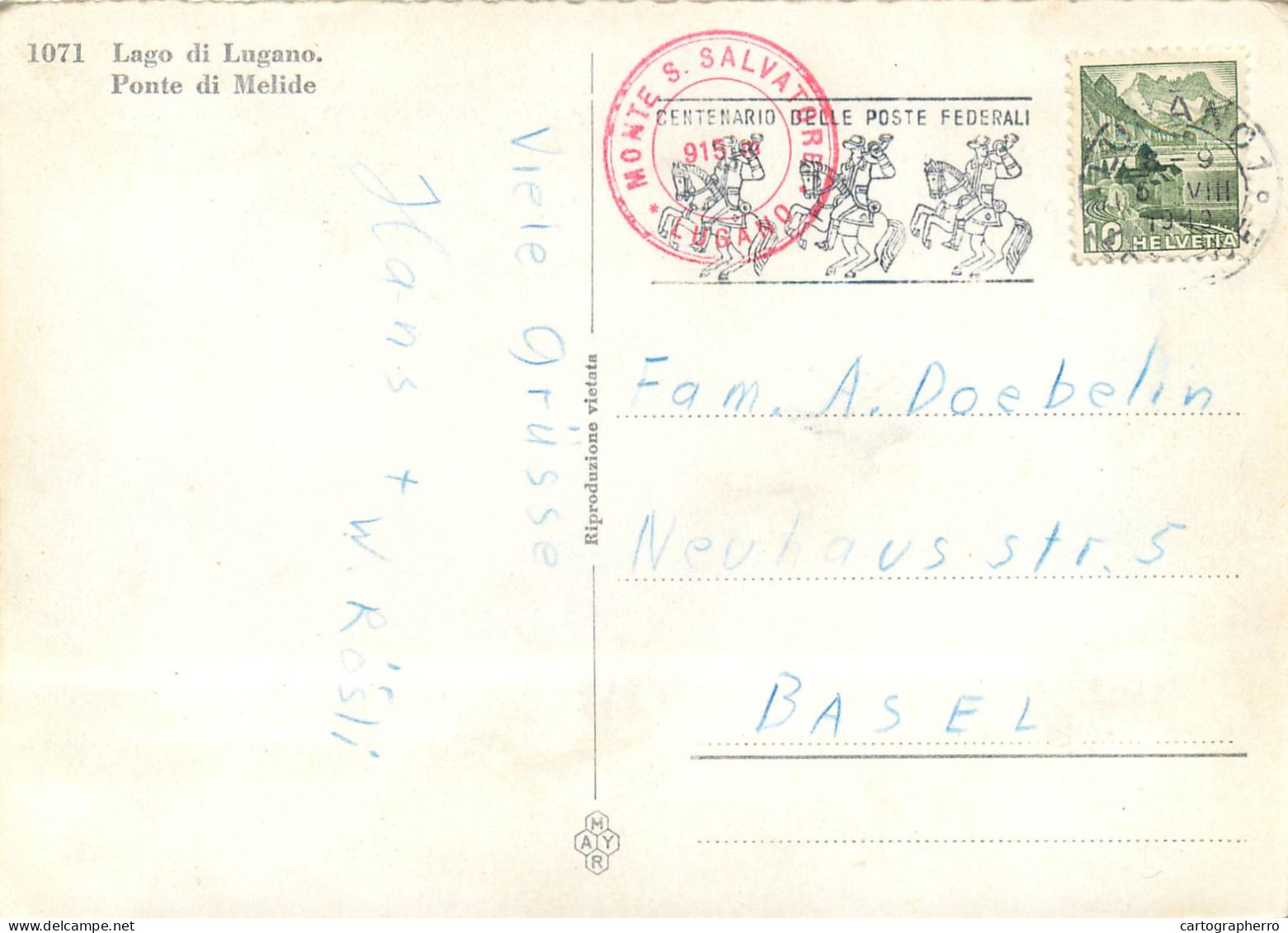 Postcard Switzerland Lago Di Lugano Ponte Di Melide 1949 - Sonstige & Ohne Zuordnung
