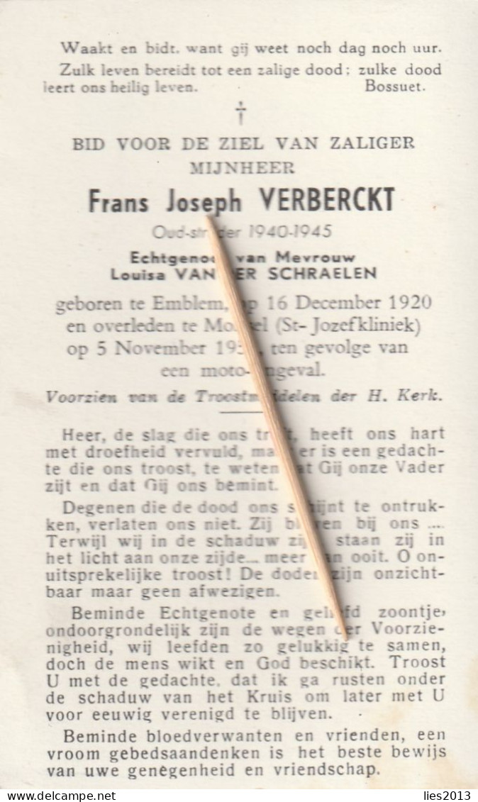 Emblem, Mortsel, Frans Verberckt, Schraelen, Oudstrijder : 1940-45 - Andachtsbilder