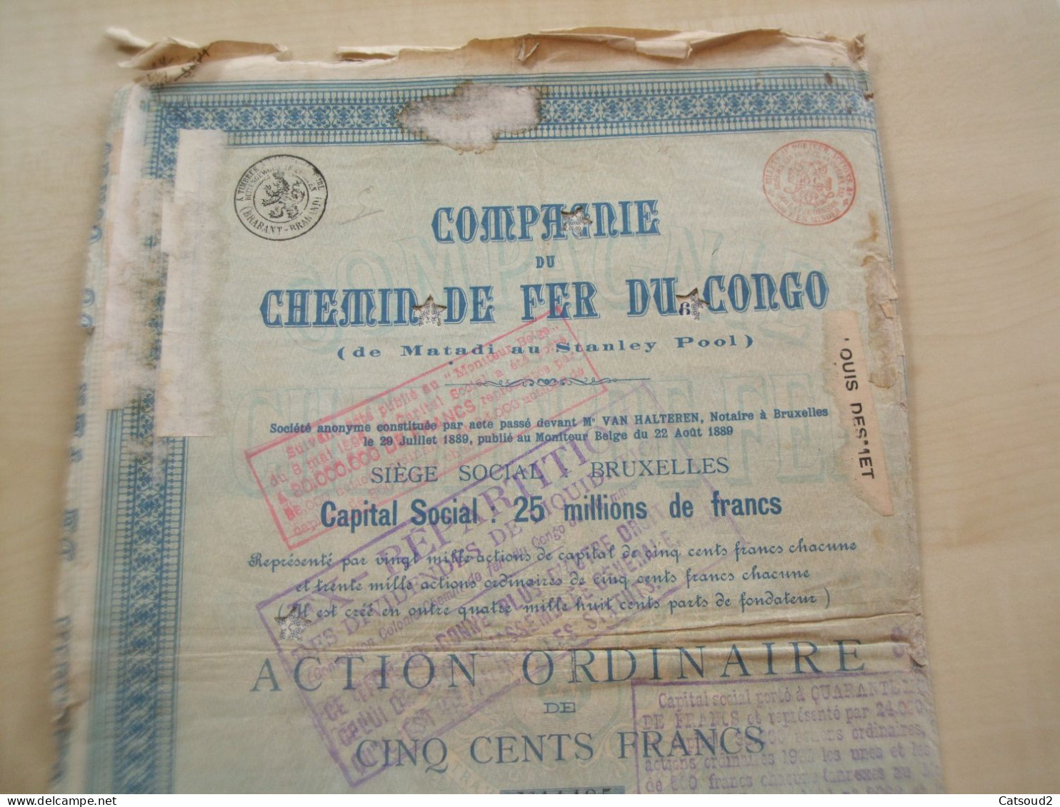 Ancienne Action 1889 COMPAGNIE DU CHEMIN DE FER DU CONGO - Autres & Non Classés