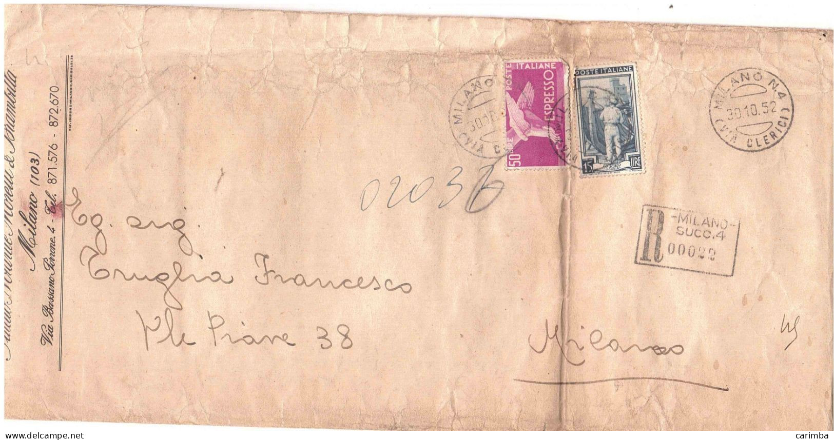 RACCOMANDATA CON L.50 ESPRESSO ANNULLO MILANO N.4 VIA CLERICI - 1946-60: Storia Postale