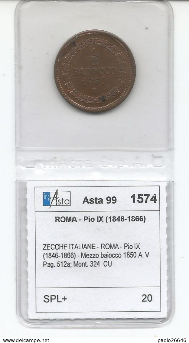 Pio IX  1/2 Baiocco Del 1850, SPL+ - Vatikan