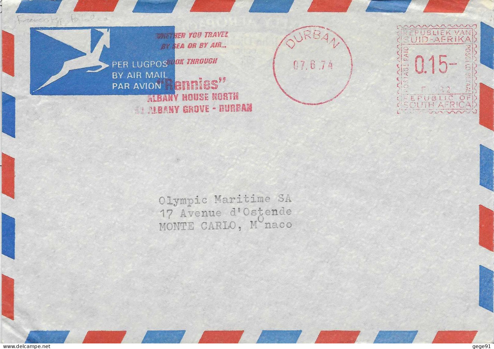 Ema Francopyp Postalia - Lettre De Durban Pour Monaco - Covers & Documents