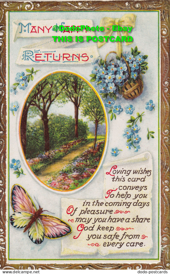 R355461 Many Happy Returns. Butterfly Basket With Blue Flowers. No. 1151 - World