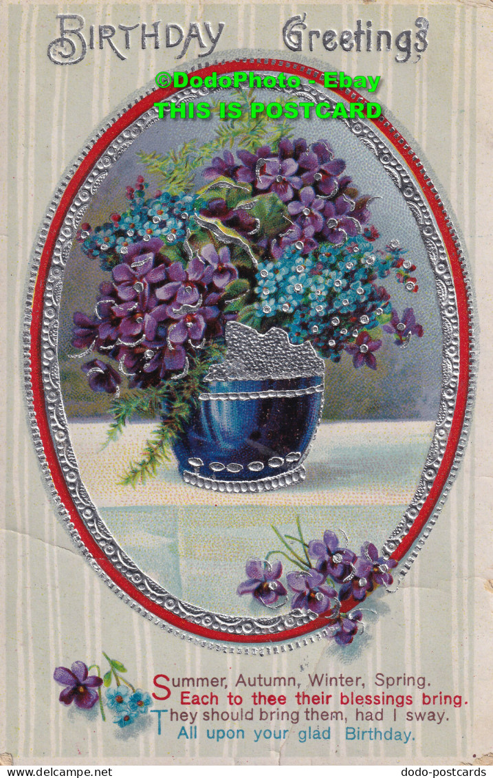 R355462 Birthday Greetings. Blue Vase With Blue And Purple Flowers - World