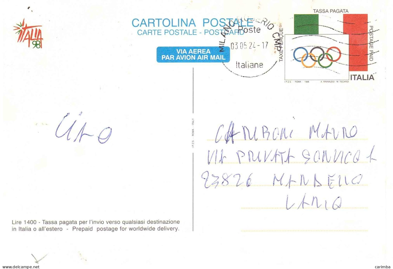 CARTOLINA POSTALE L.1400 ITALIA98 - Ganzsachen