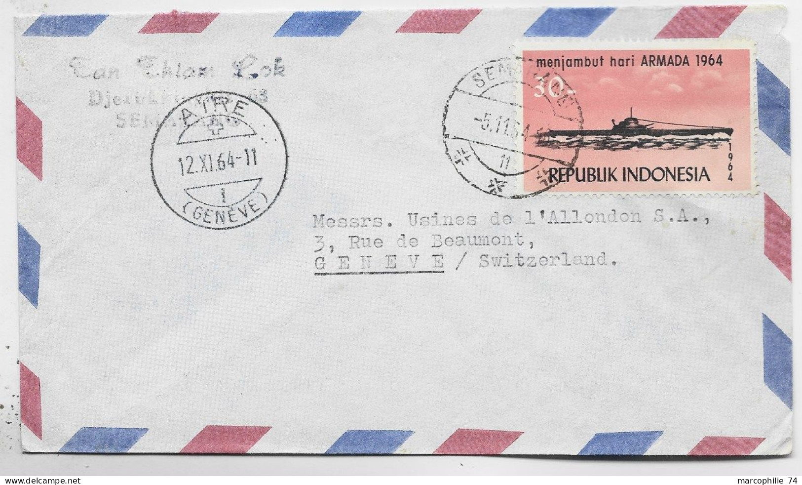 INDONESIA 30C SOUS MARIN SOLO LETTRE COVER AIR MAIL SEMARANG 5.11.1964 TO SUISSE AIRE GENEVE - Indonésie