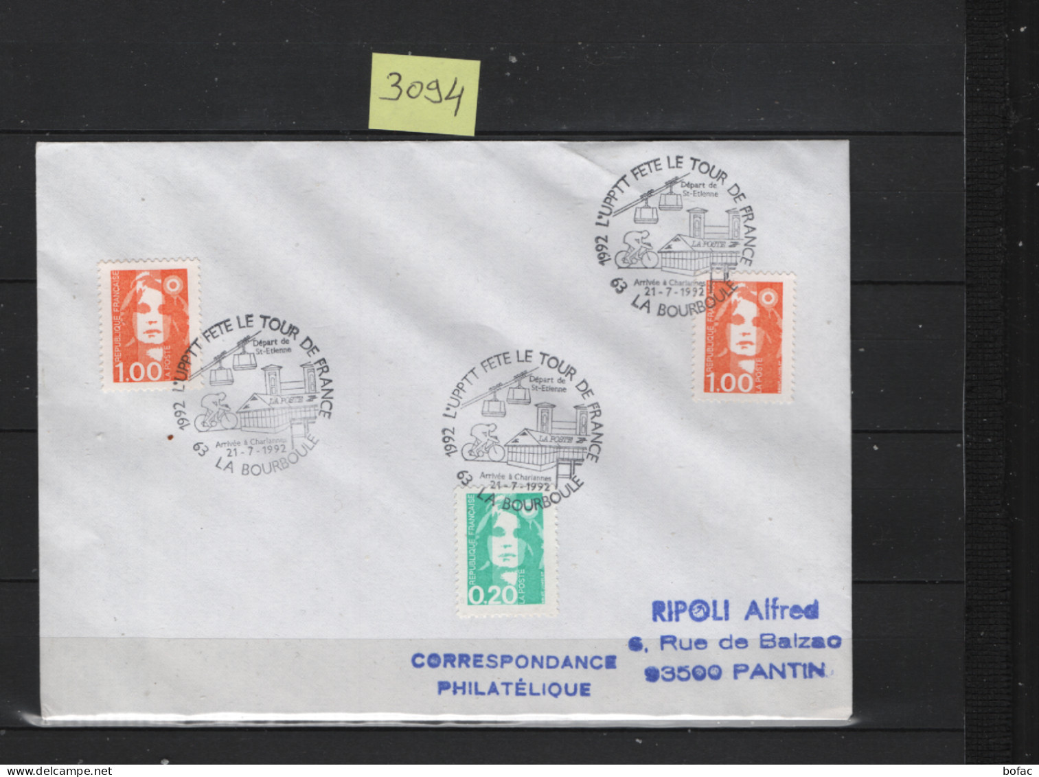 PRIX FIXE. Tour De France Cyclisme   63 La Bourboule 21 7 1992 Marianne Bicentenaire  3094 - Commemorative Postmarks