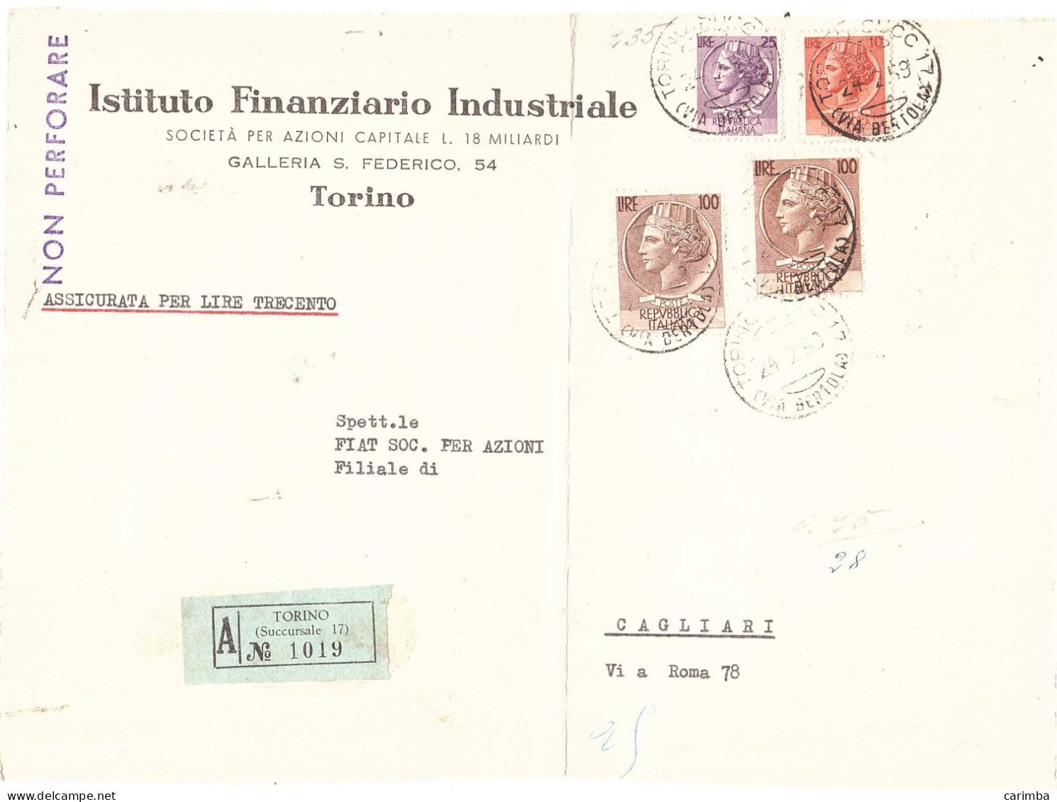 ASSICURATA CON 2 X L.100 SIRACUSANA ANNULLO TORINO SUCC.17 VIA BERTOLA - 1946-60: Poststempel