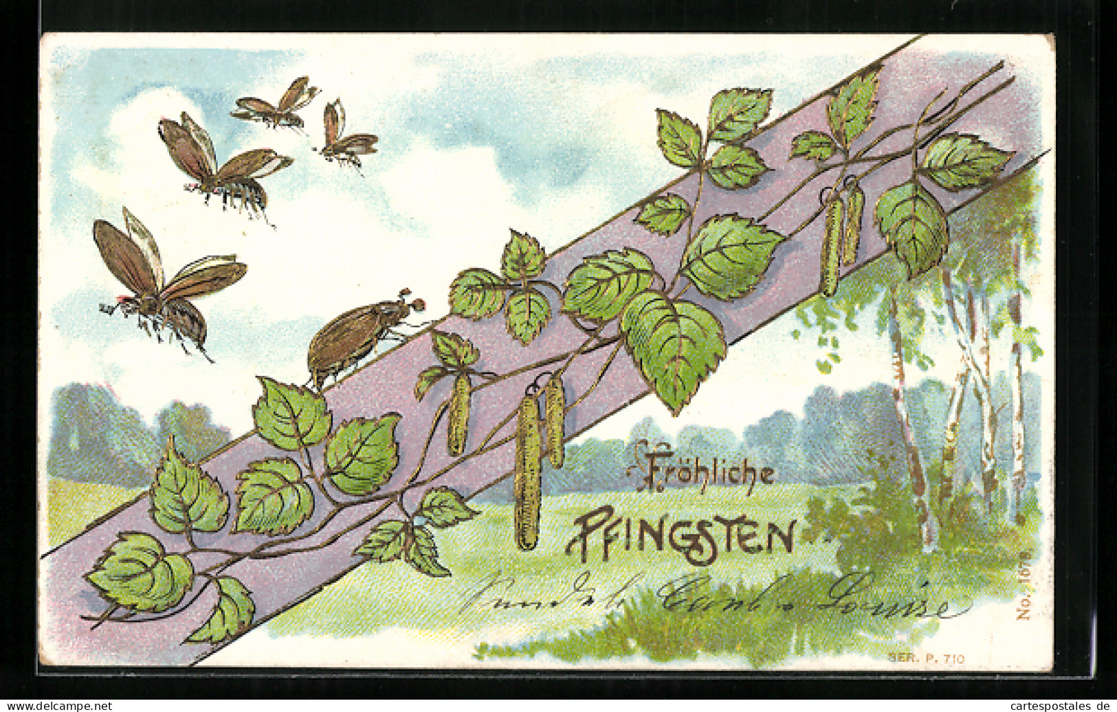 Präge-Lithographie Fliegende Maikäfer Im Frühling, Pfingstgruss  - Insekten