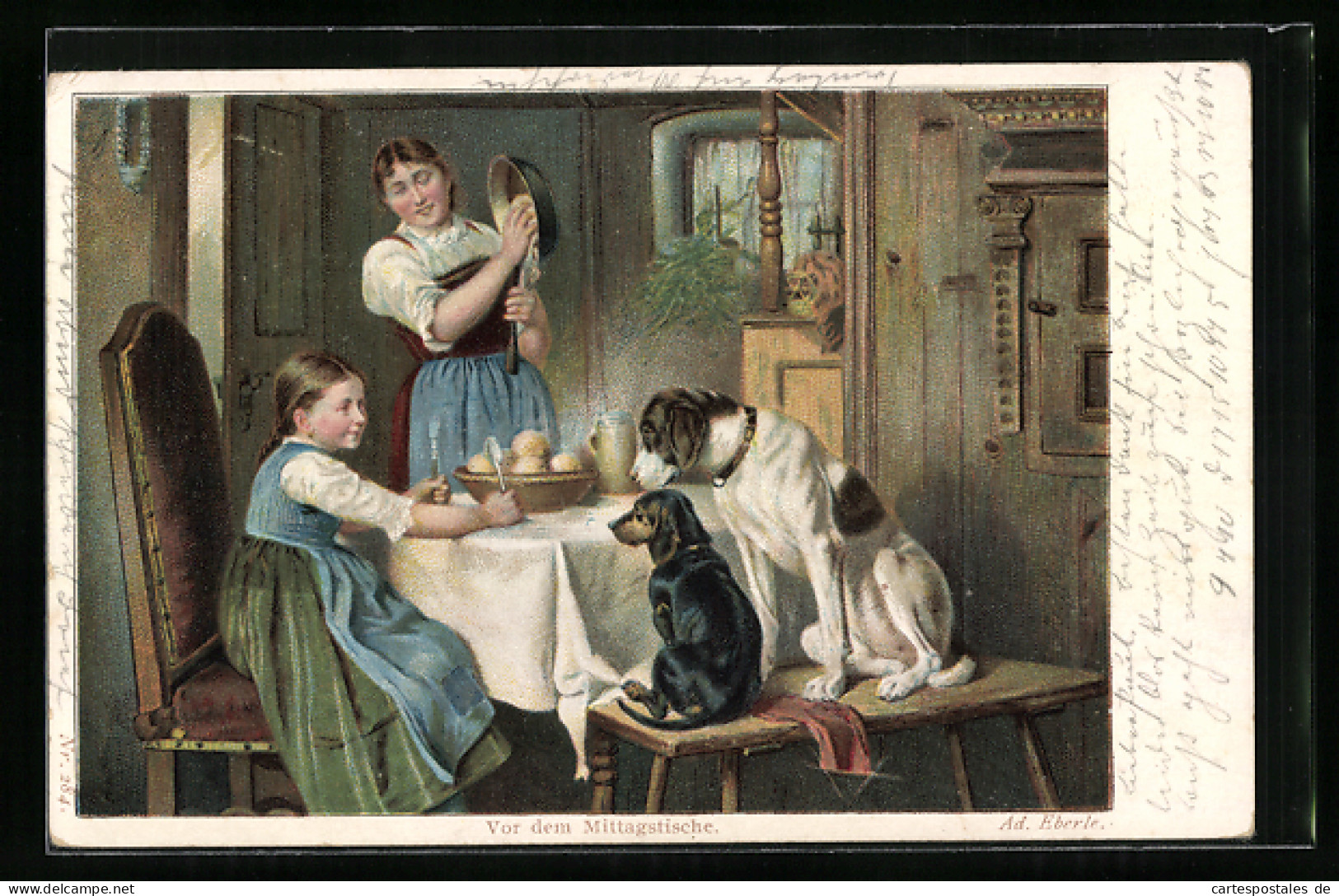 AK Mutter Und Tochter Sind Mit Dackel Und Seinem Freund Am Tisch  - Hunde