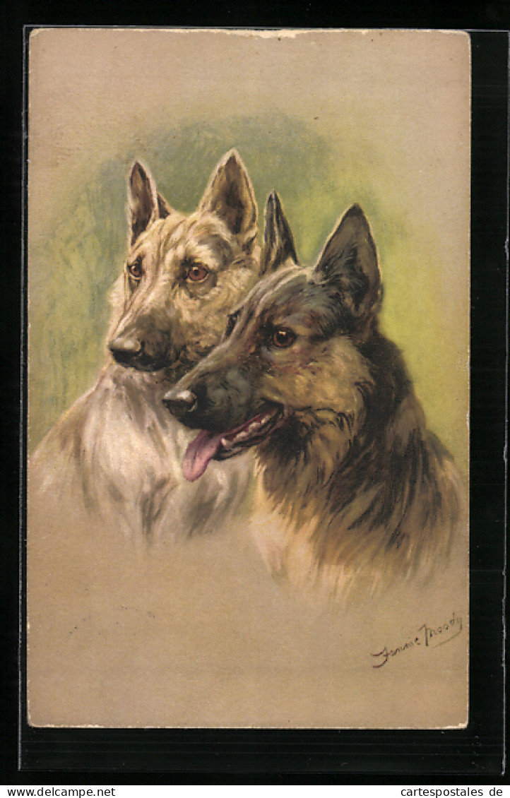 Künstler-AK Zwei Schäferhunde Mit Aufmerksamem Blick  - Hunde