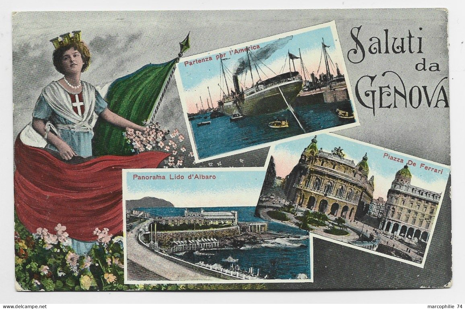 ITALIA CARTOLINA SALUTI DA GENOVA GRIFFE ROUGE SERVICES SANITAIRES FRANCAIS INFIRMIERE DE GARE DE GENES GENOA 1918 - Guerra Del 1914-18
