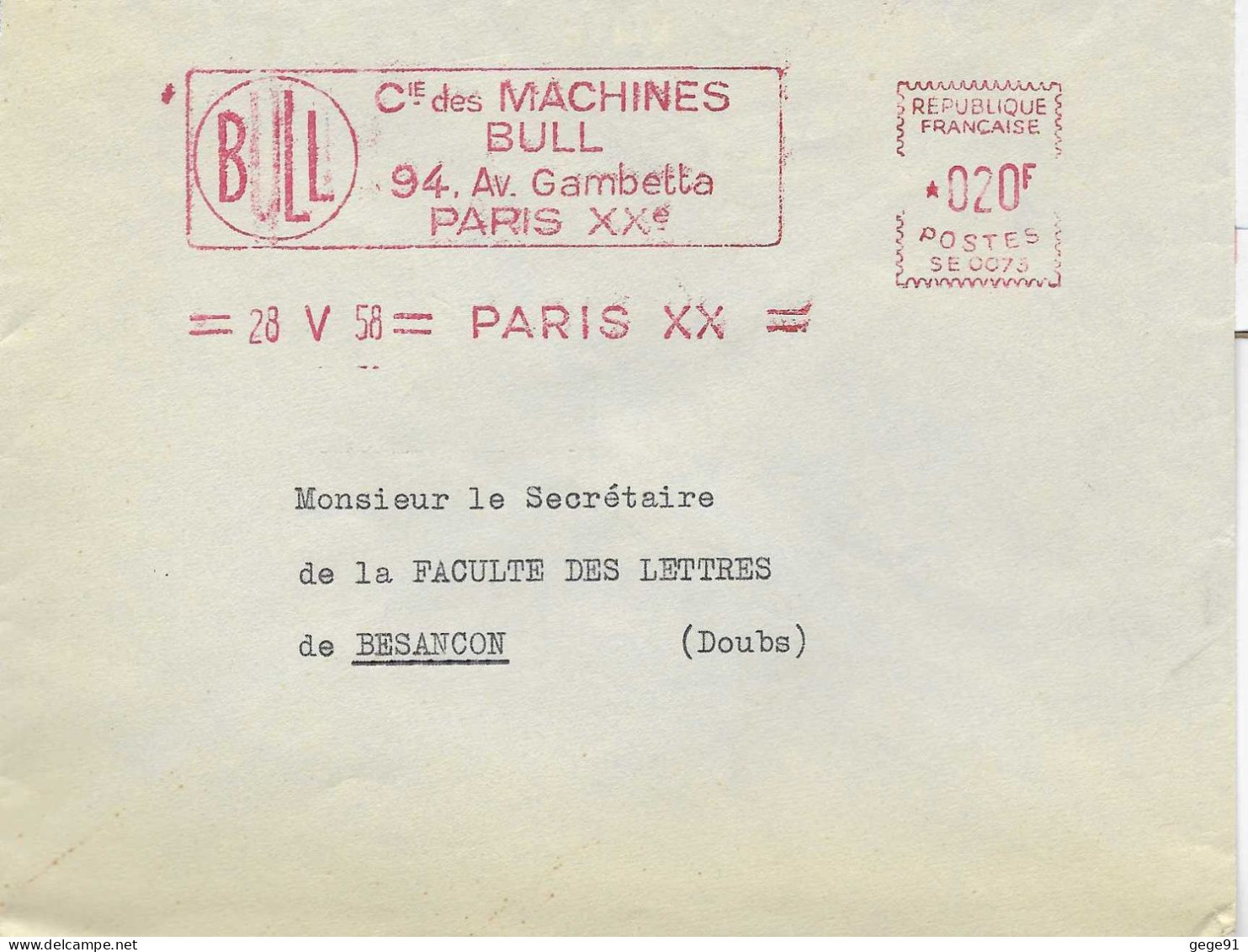 Ema Satas SE - Compagnie Des Machines Bull - Avenue Gambetta - Enveloppe Entière - Freistempel