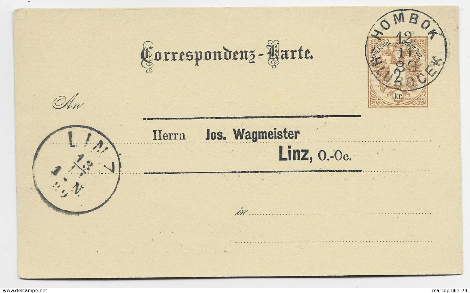 AUSTRIA 2KR CORRESPONDENZ KARTE HOMBOK 1889 REPIQUAGE MACHANEK WIEN POUR LINZ - Postcards