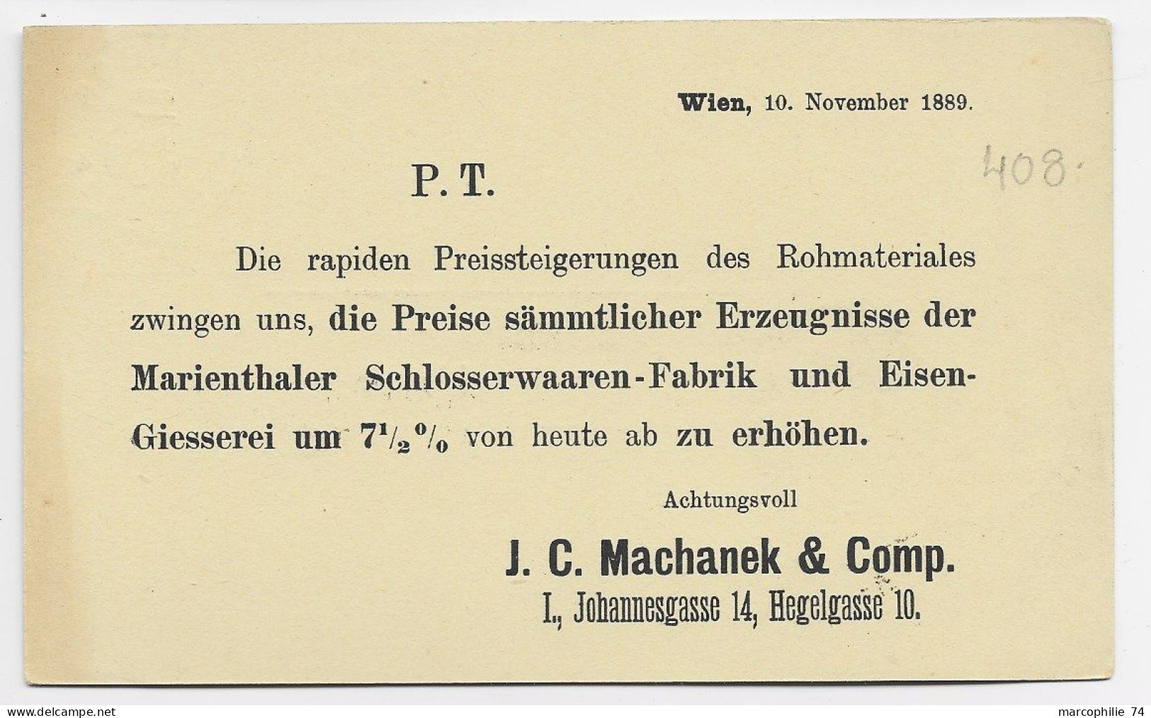 AUSTRIA 2KR CORRESPONDENZ KARTE HOMBOK 1889 REPIQUAGE MACHANEK WIEN POUR LINZ - Cartes Postales