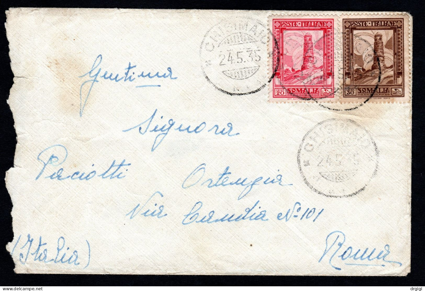 SOMALIA ITALIANA, BUSTA 1935, SASS. 217+219, CHISIMAIO X ROMA - Somalia