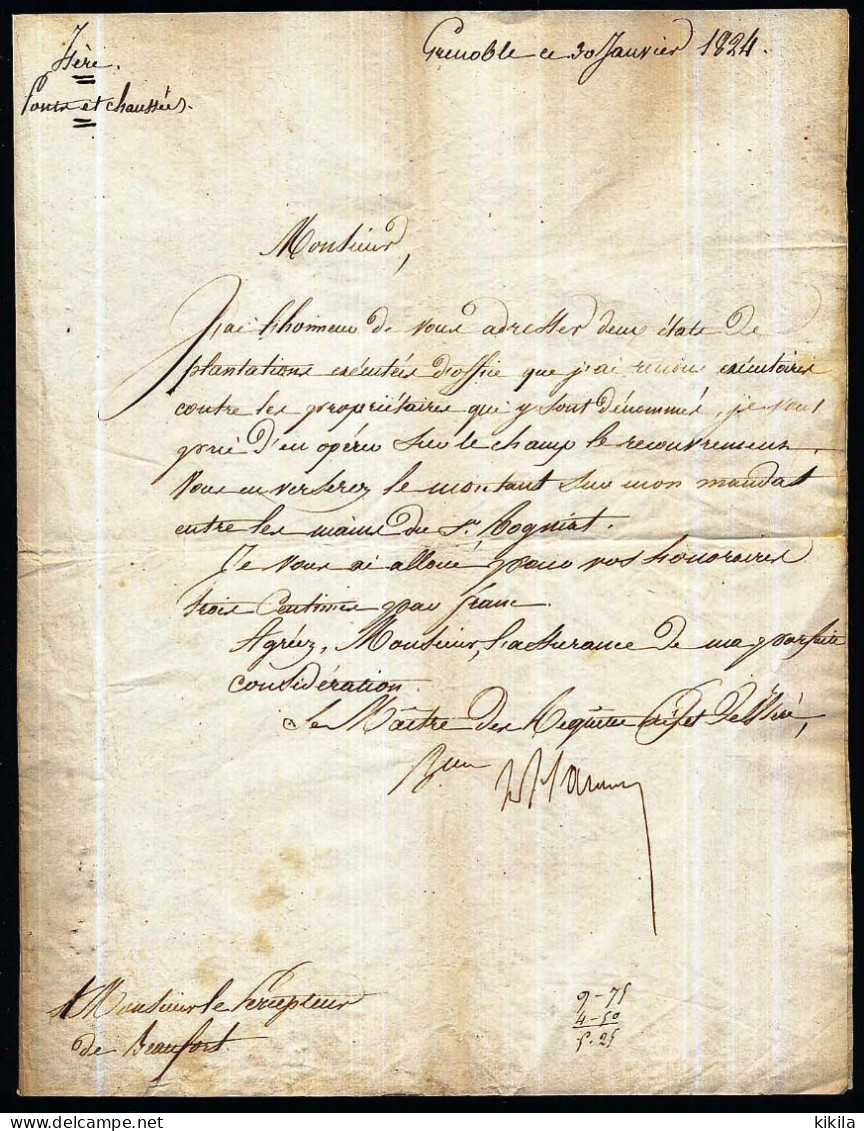 3 Courriers 1824  ISERE  Recouvrement Des Frais De Plantation D'arbres à BEAUFORT Et MARCILLOLE  Du Maître Des Requêtes* - Unclassified