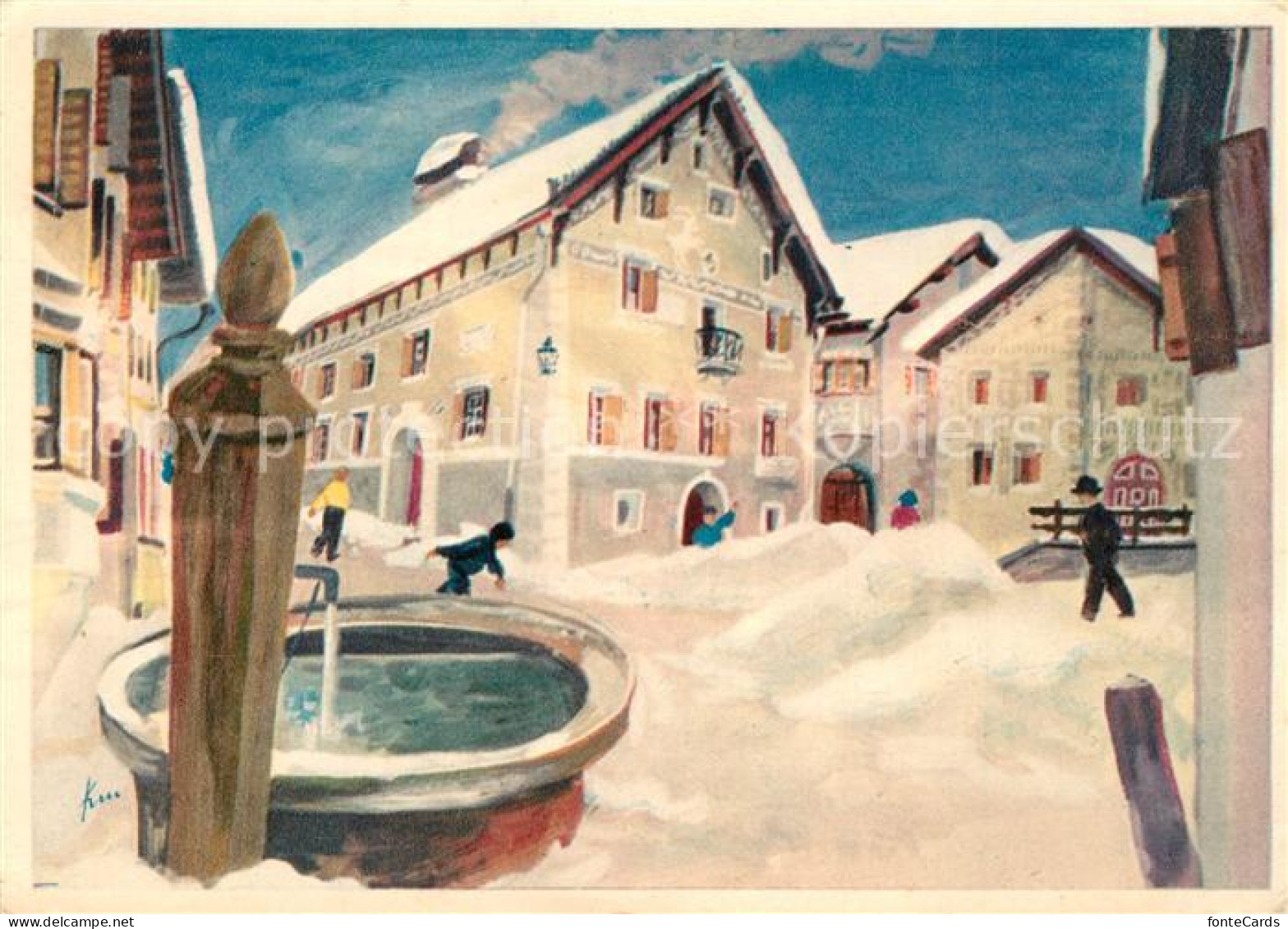 13297469 Guarda Inn Ortsmotiv Mit Brunnen Im Winter Fritz Krumenacher Kuenstlerk - Altri & Non Classificati