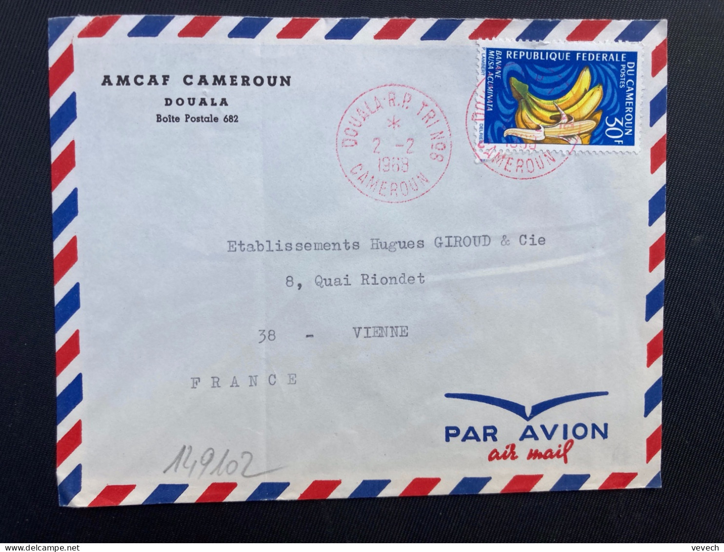 LETTRE AMCAF Par Avion Pour Le CAMEROUN TP BANANE 30F OBL. ROUGE 2-2 1968 DOUALA RP TRI N°8 - Cameroun (1960-...)