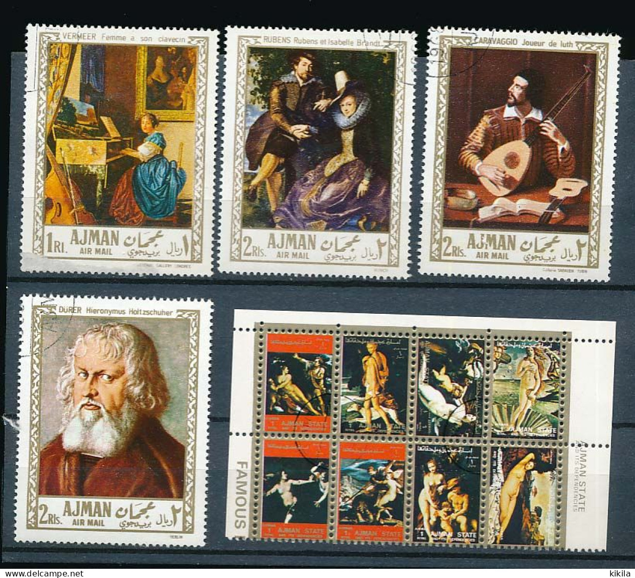 4 Timbres 4,2 X 5,4 + 8 Timbres 1,6 X 2,3 Oblitérés AJMAN XVI-15 Tableau Peinture De Dürer, Vermeer, Rubens, Caravagio.. - Autres & Non Classés