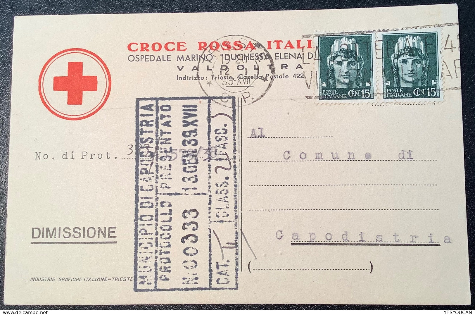 Italia Regno TRIESTE 1939 CROCE ROSSA ITALIANA Cartolina OSPEDALE MARINO VALDOLTRA (croix Rouge Lettera - Storia Postale