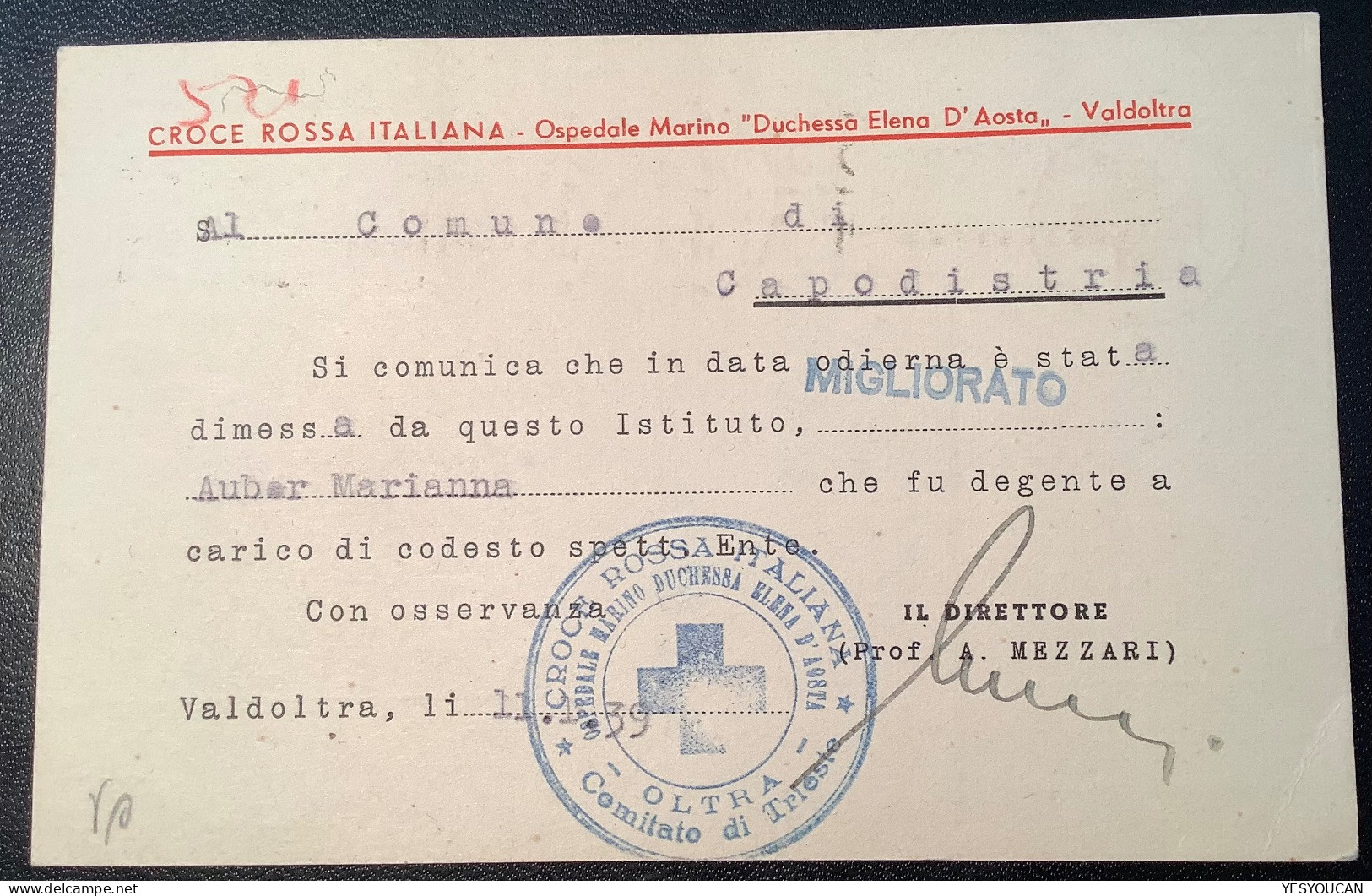 Italia Regno TRIESTE 1939 CROCE ROSSA ITALIANA Cartolina OSPEDALE MARINO VALDOLTRA (croix Rouge Lettera - Storia Postale