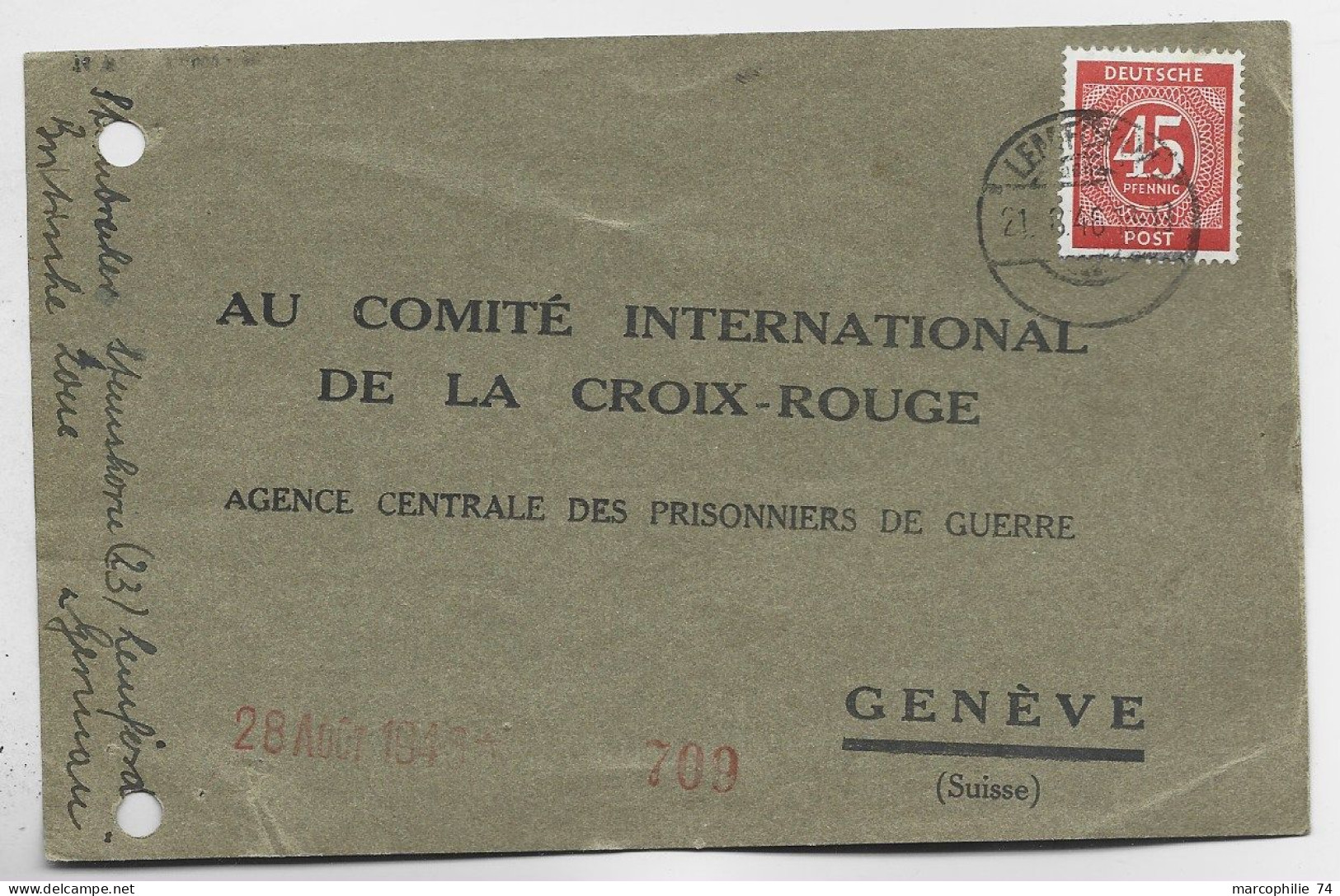 GERMANY 45 POST SOLO POST CARD DEFAUT 21.8.1946 TO CROIX ROUGE GENEVE SUISSE - Otros & Sin Clasificación