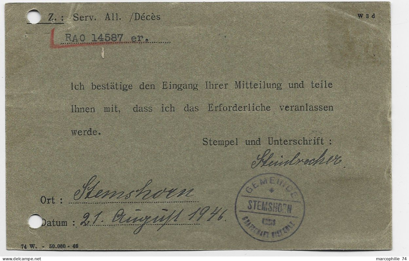 GERMANY 45 POST SOLO POST CARD DEFAUT 21.8.1946 TO CROIX ROUGE GENEVE SUISSE - Other & Unclassified