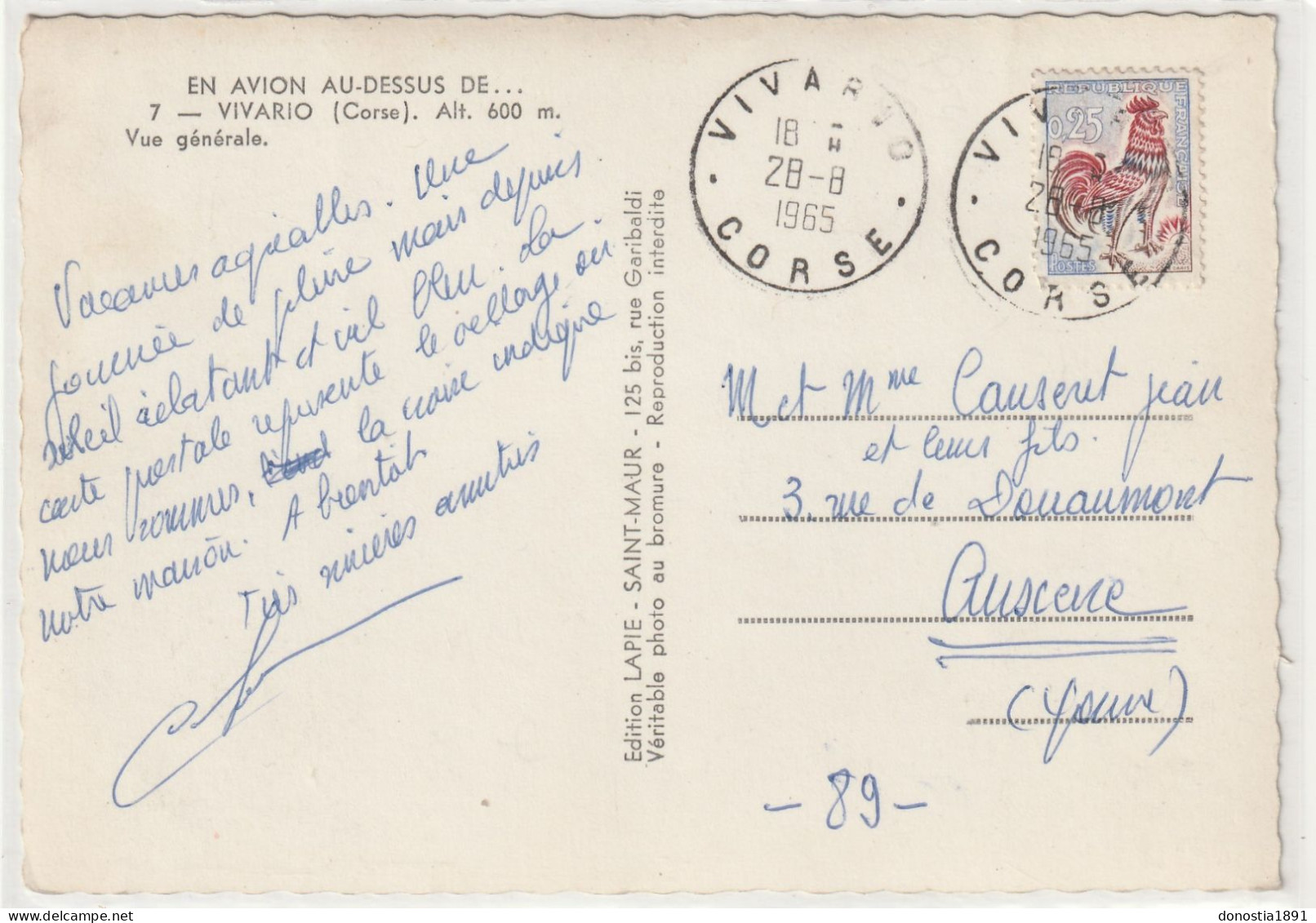 En Avion Au Dessus De : VIVARIO (2B) 105x150 Dentelée, Glacée - Ed. Lapie N° 7 - Timbrée 28.08.1965 - Autres & Non Classés