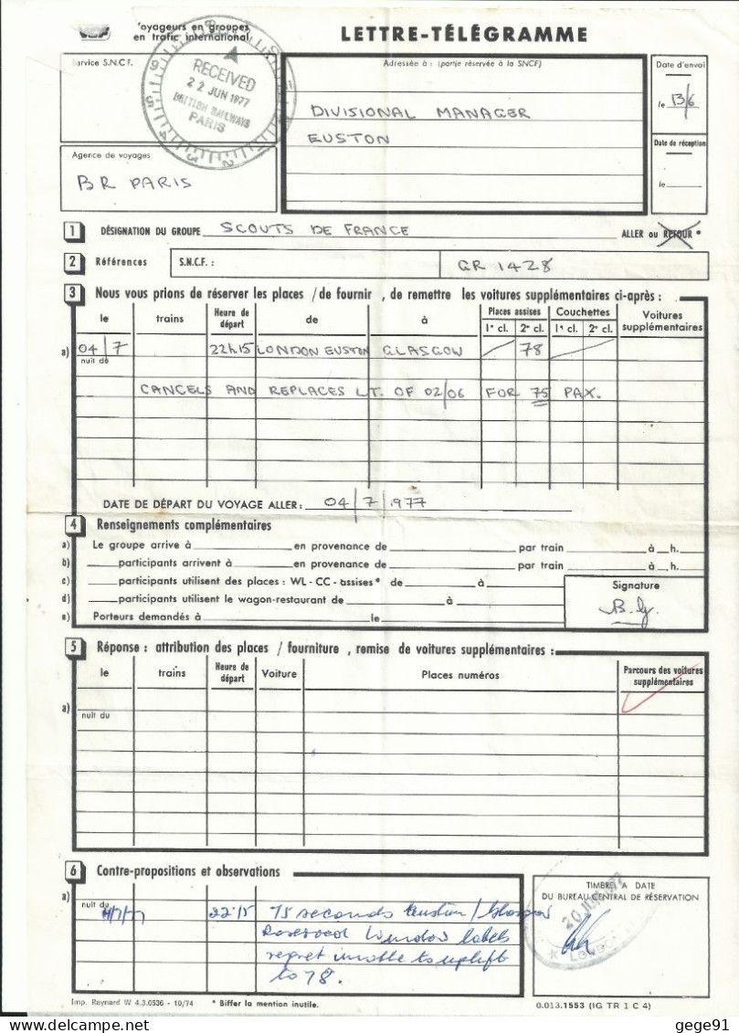 Lettre Télégramme - Réservation De Places Pour Londres - Glasgow - British Railways - 1977 - Telegraphie Und Telefon