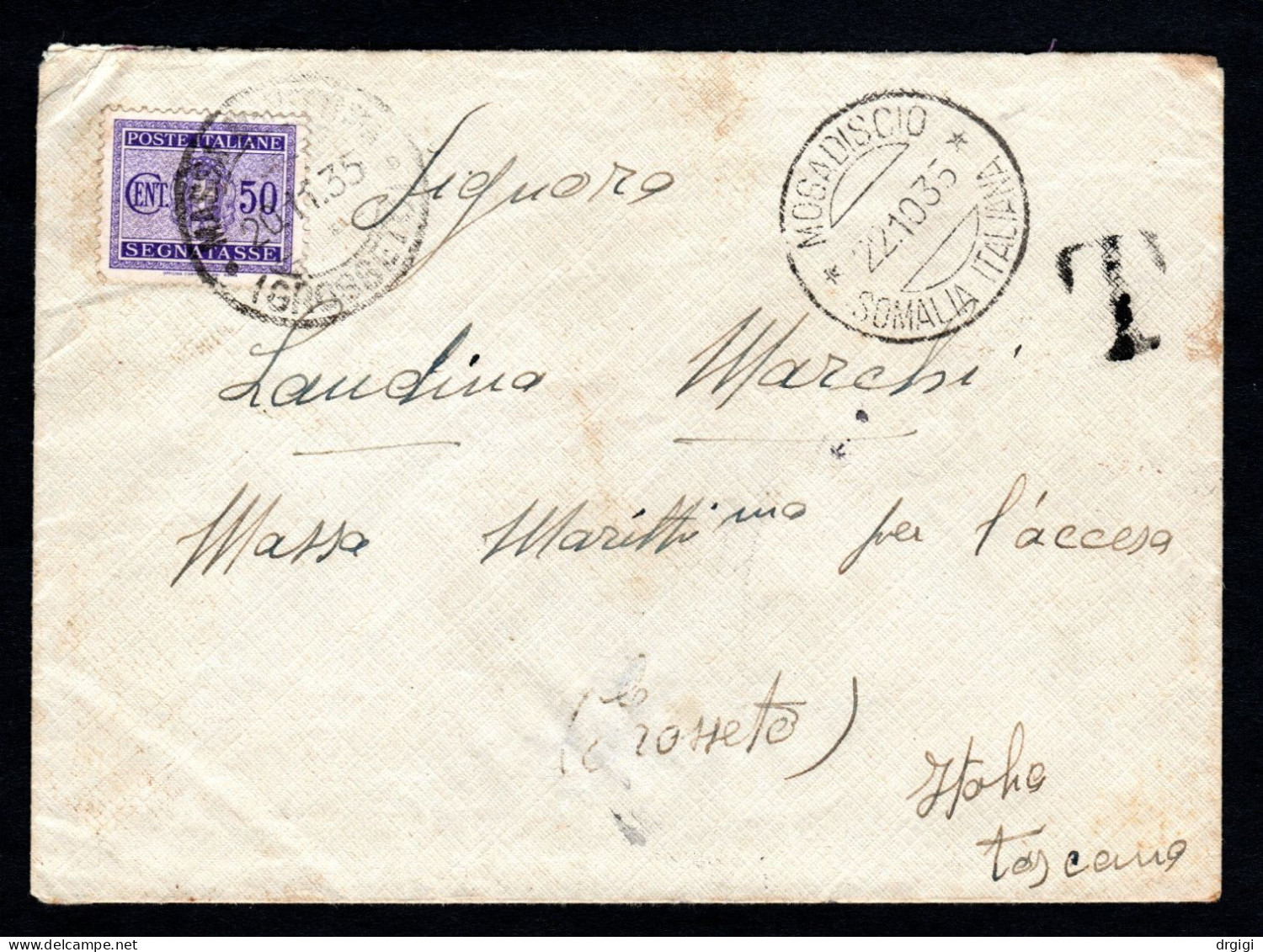 SOMALIA ITALIANA, BUSTA 1935, SASS. 40 ST. IT., MOGADISCIO X MASSA MARITTIMA - Somalie