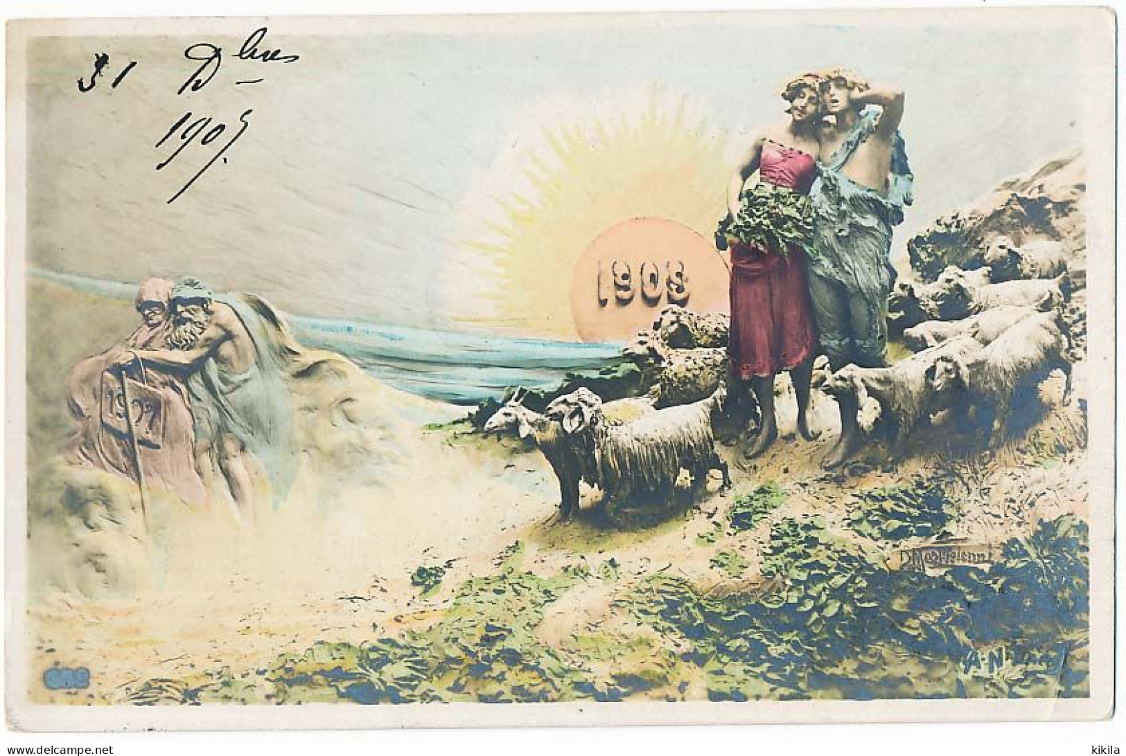 CPA 9 X 14 Année 1908 (24) Couple Jeunes Bergers Moutons  1907 Couple Vieillards  P Mastroianni - New Year