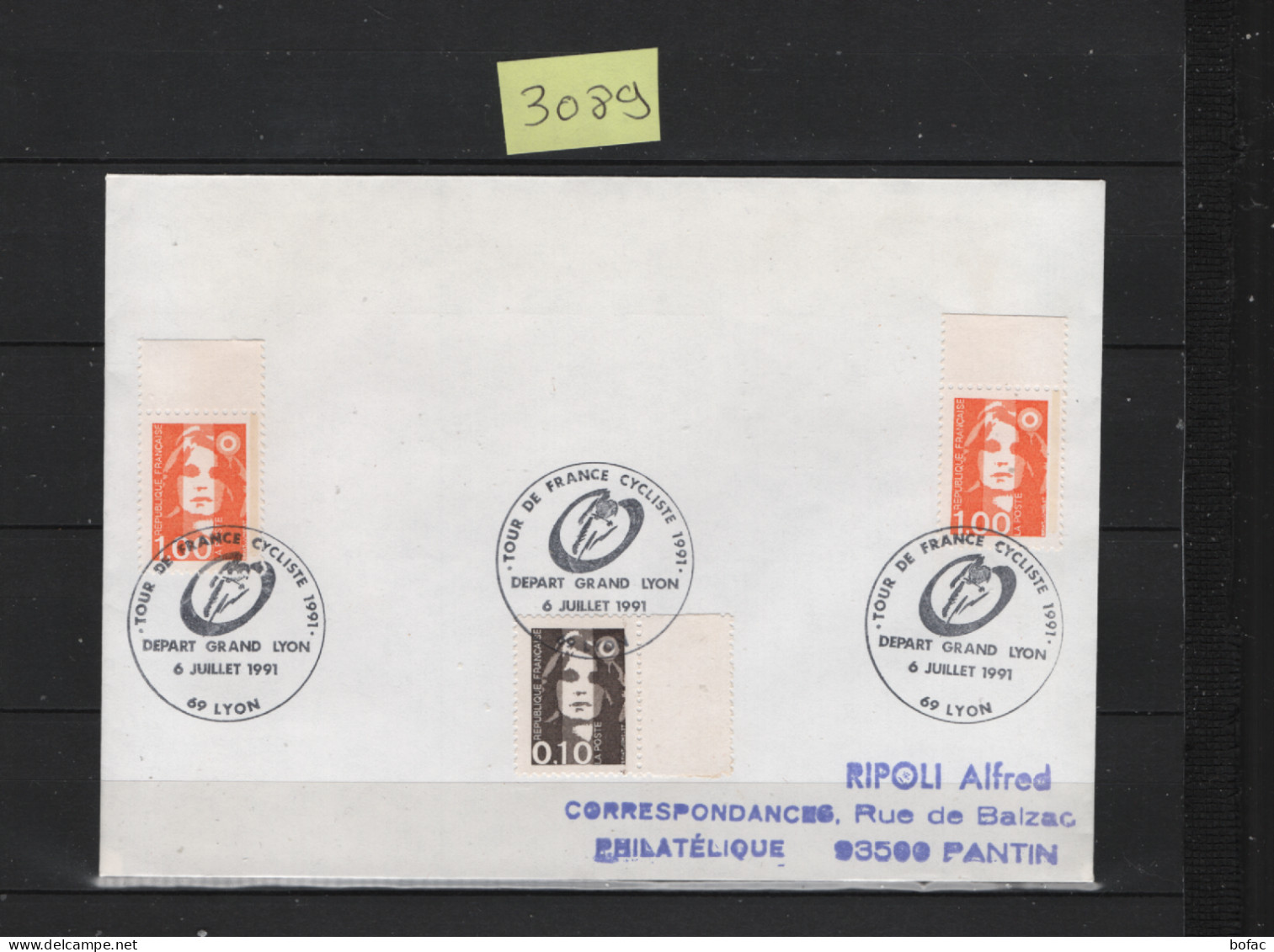 PRIX FIXE.78 Tour De France Cyclisme  Départ Grand Lyon 69  6 Juillet 1991 Marianne Bicentenaire  3089 - Commemorative Postmarks