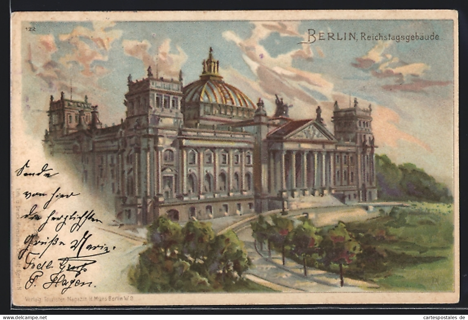 Lithographie Berlin-Tiergarten, Reichstagsgebäude Um 1900  - Dierentuin